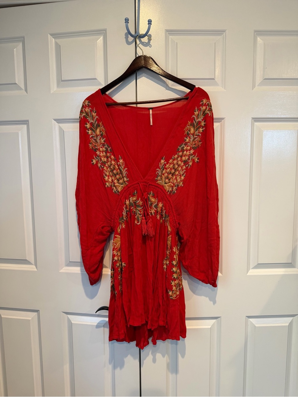 Free People Red Embroidered V-Neck Tunic with Tassel Tie